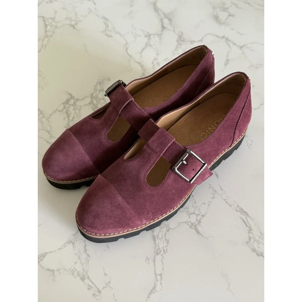 Vionic Carmen Mary Janes Buckle Loafer Shoes 6.5 Port Wine Suede Leather T Strap